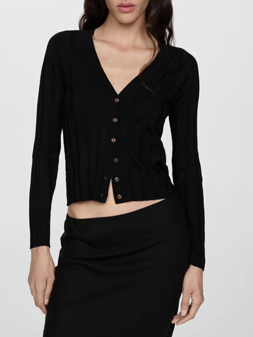 Mango Black Ribbed Button-Front Cardigan